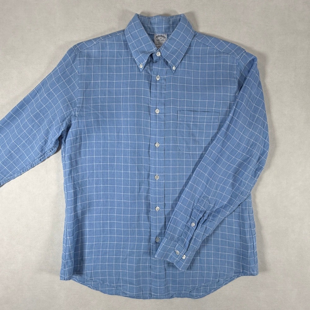 Brooks Brothers Regent Fit Blue Windowpane 100% Linen Button Down Shirt Mens M